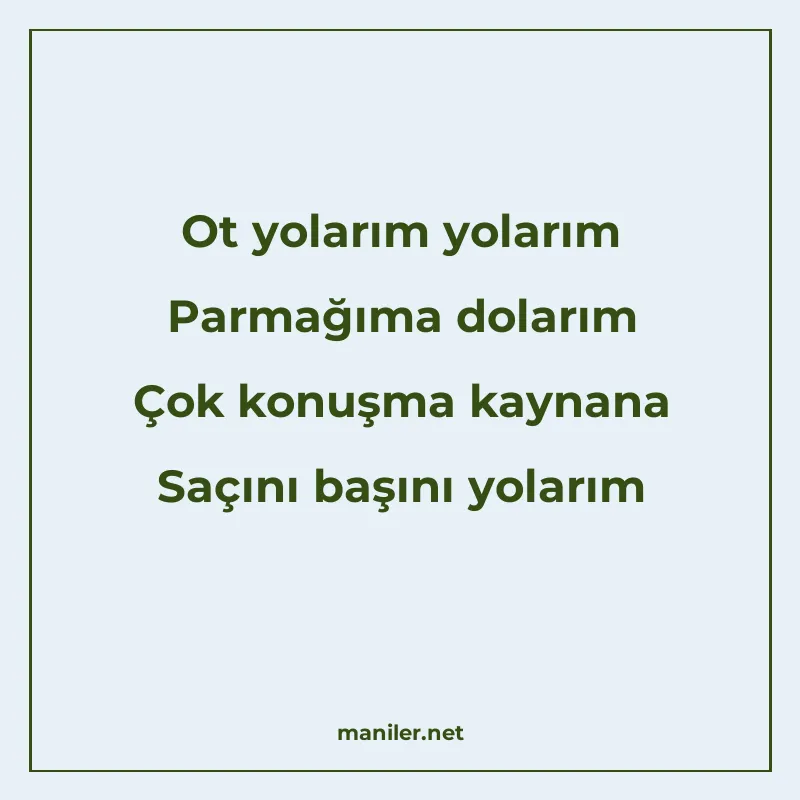 Ot yolarım yolarım Parmağıma dolarım Çok konuşma kaynana Saç manisi görseli