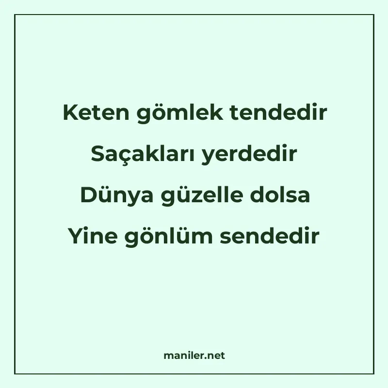 Keten gömlek tendedir Saçakları yerdedir Dünya güzelle dolsa manisi görseli
