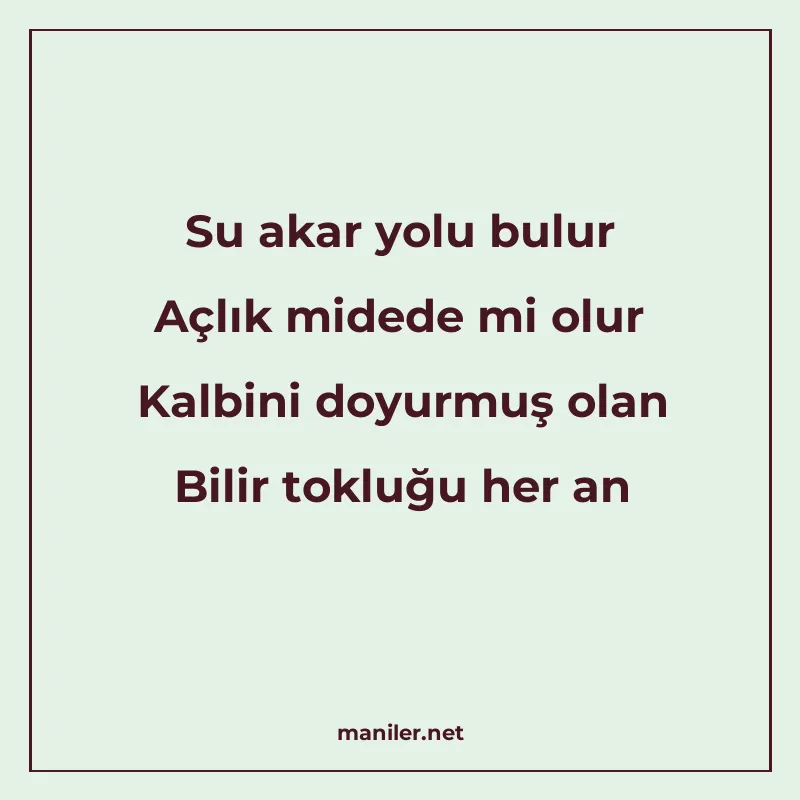 Su akar yolu bulur Açlık midede mi olur Kalbini doyurmuş ola manisi görseli