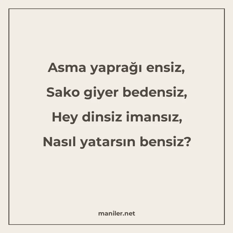 Asma yaprağı ensiz, Sako giyer bedensiz, Hey dinsiz imansız manisi görseli