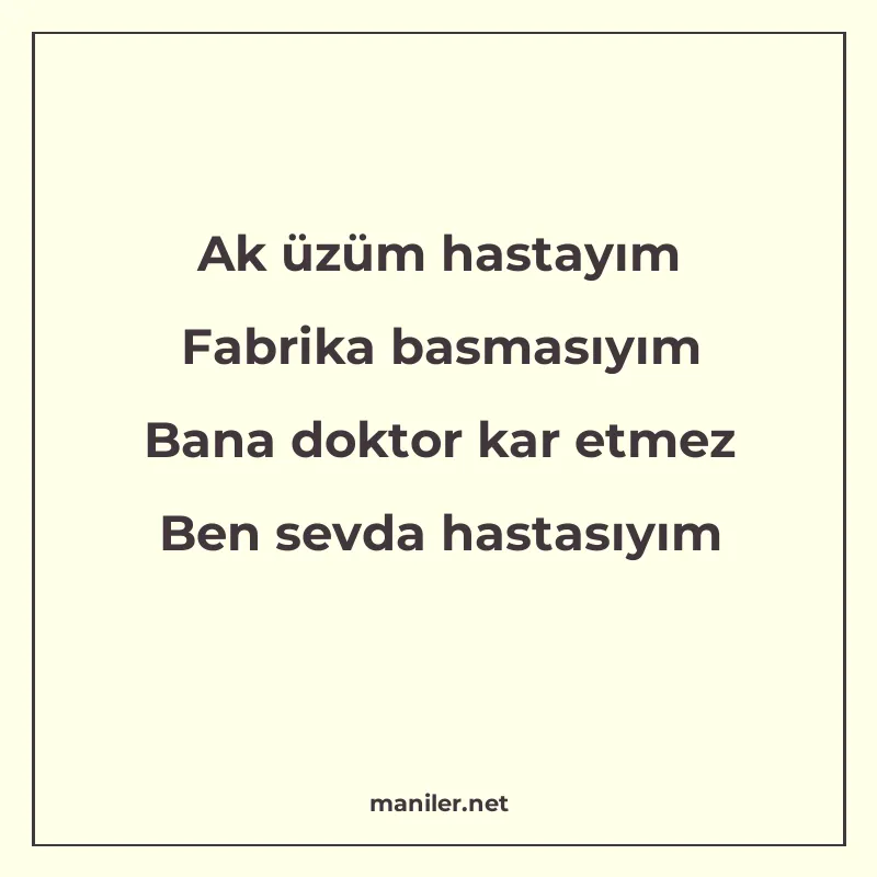 Ak üzüm hastayım Fabrika basmasıyım Bana doktor kar etmez Be