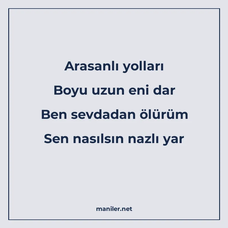 Arasanlı yolları Boyu uzun eni dar Ben sevdadan ölürüm Sen n manisi görseli