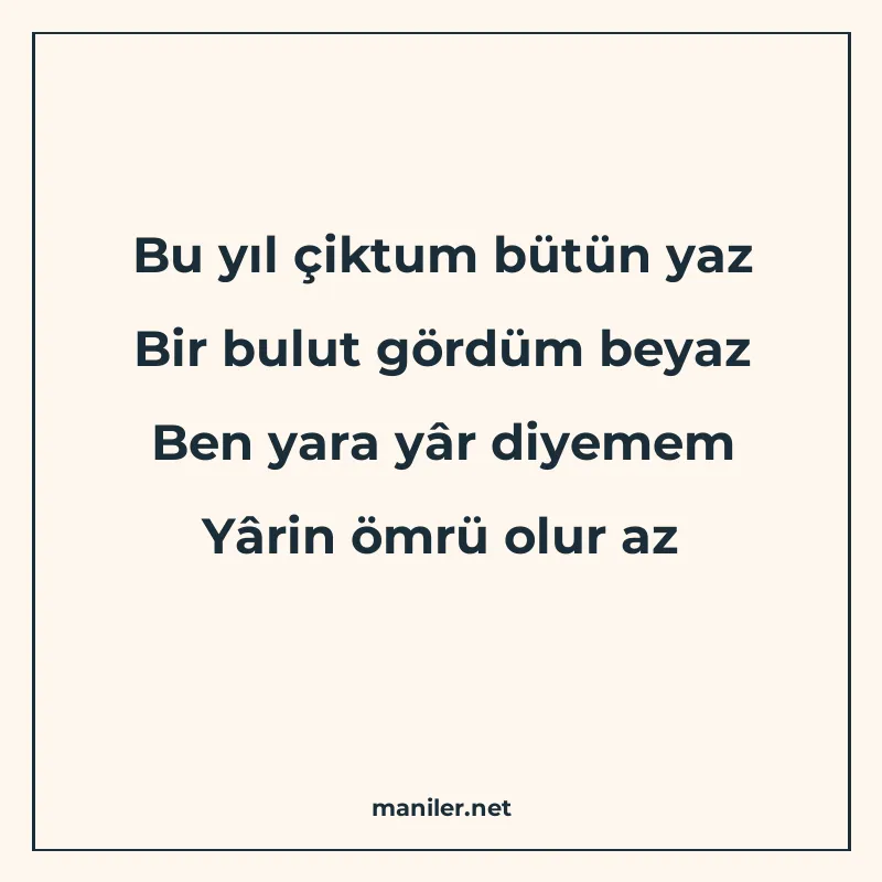 Bu yıl çiktum bütün yaz Bir bulut gördüm beyaz Ben yara yâr manisi görseli