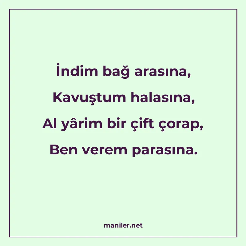İndim bağ arasına, Kavuştum halasına, Al yârim bir çift çora manisi görseli