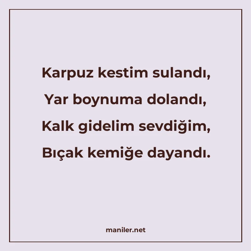 Karpuz kestim sulandı, Yar boynuma dolandı, Kalk gidelim sev manisi görseli