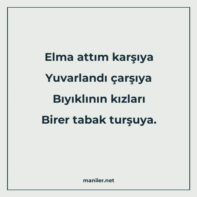 Elma attım karşıya Yuvarlandı çarşıya Bıyıklının kızları Bir manisi görseli