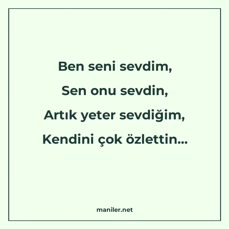 Ben seni sevdim, Sen onu sevdin, Artık yeter sevdiğim, Kendi manisi görseli
