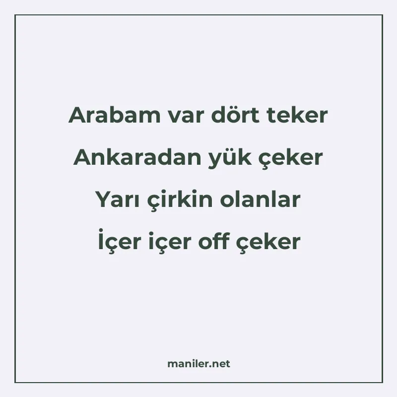 Arabam var dört teker Ankaradan yük çeker Yarı çirkin olanla manisi görseli