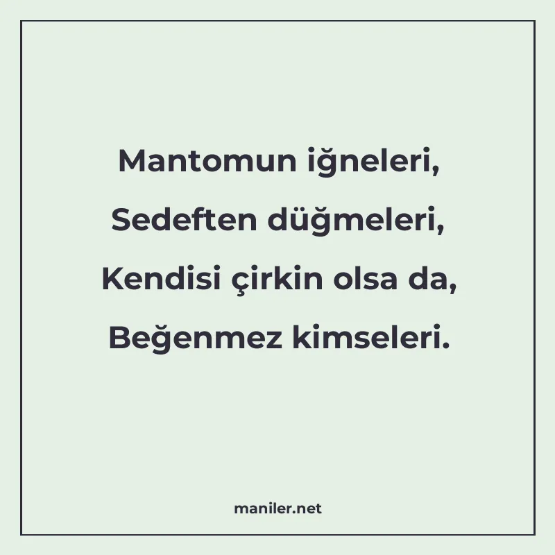 Mantomun iğneleri, Sedeften düğmeleri, Kendisi çirkin olsa d manisi görseli