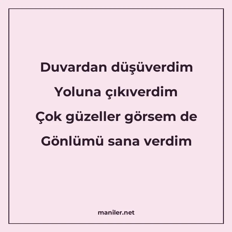 Duvardan düşüverdim Yoluna çıkıverdim Çok güzeller görsem de manisi görseli