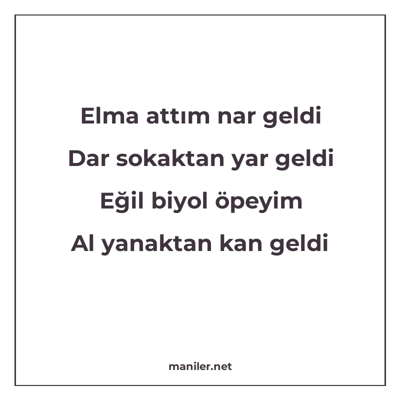 Elma attım nar geldi Dar sokaktan yar geldi Eğil biyol öpeyi manisi görseli