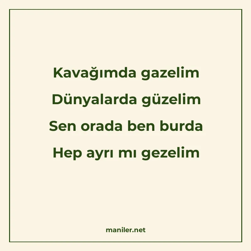 Kavağımda gazelim Dünyalarda güzelim Sen orada ben burda Hep manisi görseli