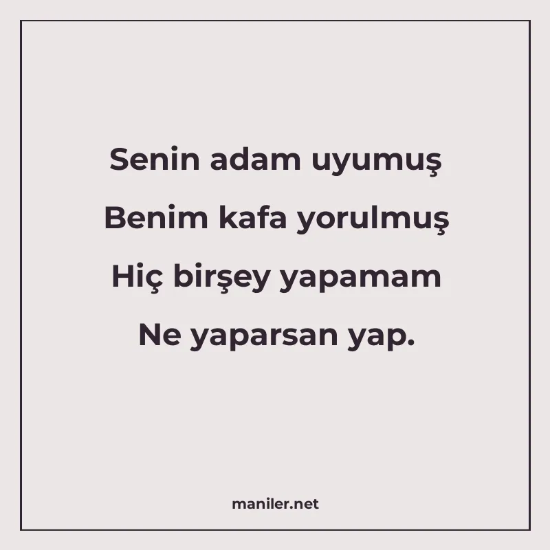 Senin adam uyumuş Benim kafa yorulmuş Hiç birşey yapamam Ne manisi görseli