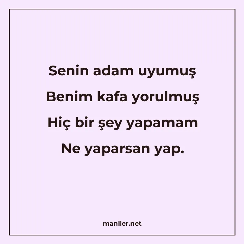 Senin adam uyumuş Benim kafa yorulmuş Hiç bir şey yapamam Ne manisi görseli
