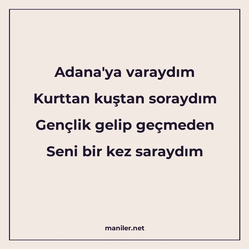 Adana'ya varaydım Kurttan kuştan soraydım Gençlik gelip manisi görseli