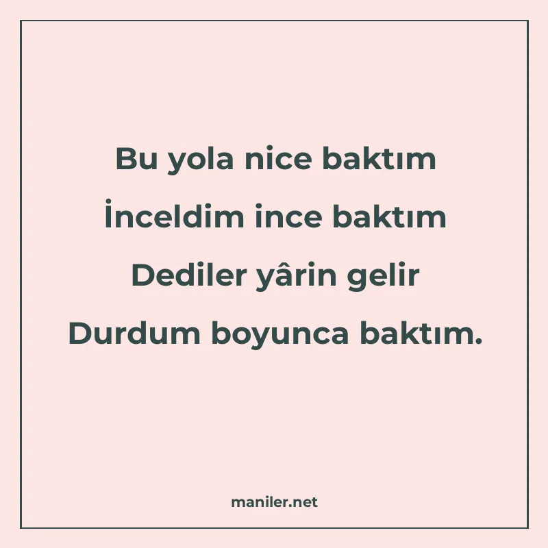 Bu yola nice baktım İnceldim ince baktım Dediler yârin gelir manisi görseli