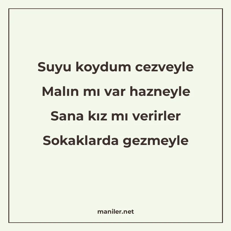 Suyu koydum cezveyle Malın mı var hazneyle Sana kız mı verir manisi görseli