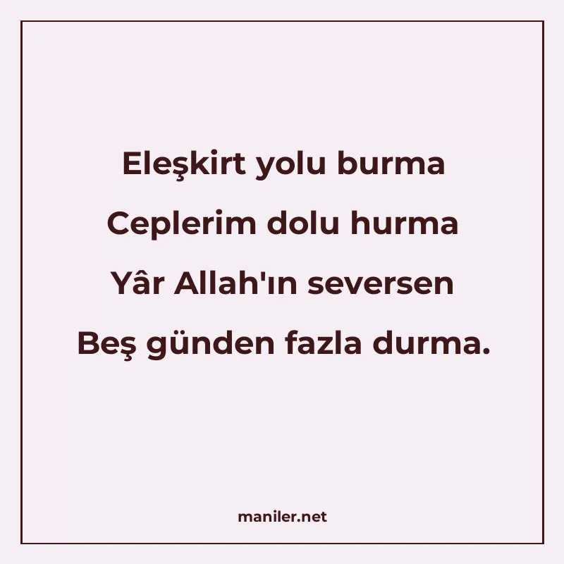 Eleşkirt yolu burma Ceplerim dolu hurma Yâr Allah'ın se manisi görseli