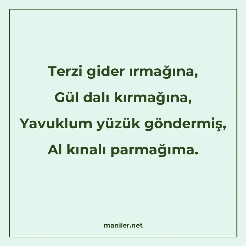 Terzi gider ırmağına, Gül dalı kırmağına, Yavuklum yüzük gön manisi görseli