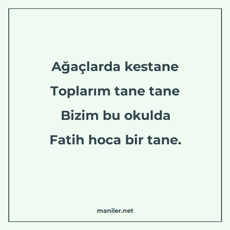 Ağaçlarda kestane Toplarım tane tane Bizim bu okulda Fatih h manisi görseli