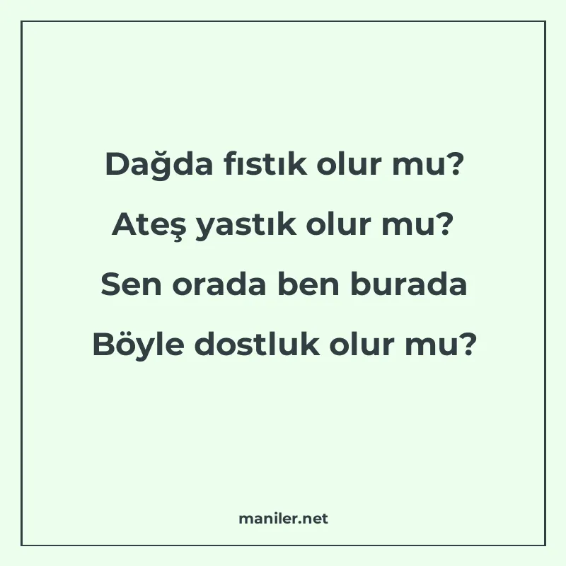 Dağda fıstık olur mu? Ateş yastık olur mu? Sen orada ben bur manisi görseli