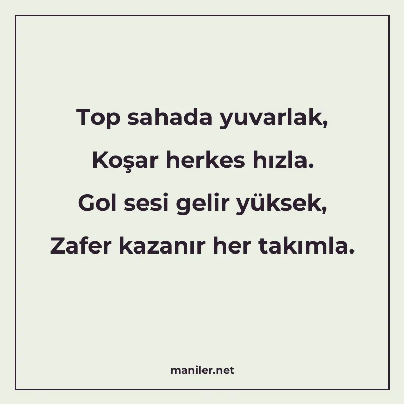 Top sahada yuvarlak, Koşar herkes hızla. Gol sesi gelir yüks manisi görseli