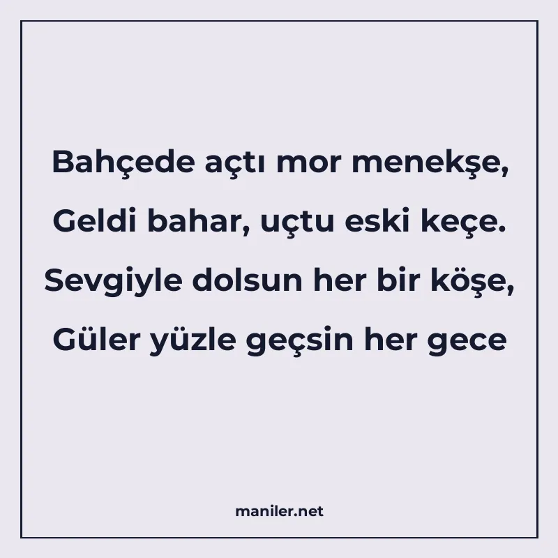 Bahçede açtı mor menekşe, Geldi bahar, uçtu eski keçe. Sevgi manisi görseli