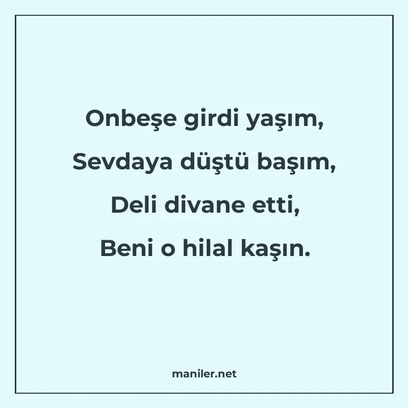 Onbeşe girdi yaşım, Sevdaya düştü başım, Deli divane etti, B manisi görseli