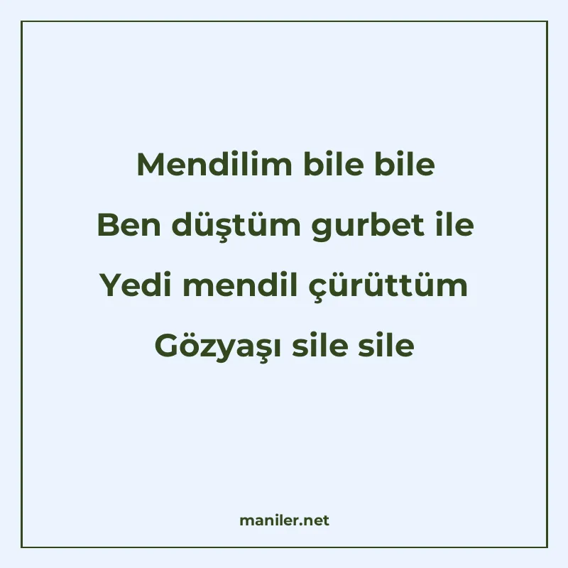 Mendilim bile bile Ben düştüm gurbet ile Yedi mendil çürüttü manisi görseli