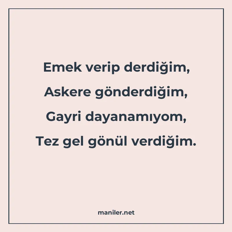 Emek verip derdiğim, Askere gönderdiğim, Gayri dayanamıyom manisi görseli