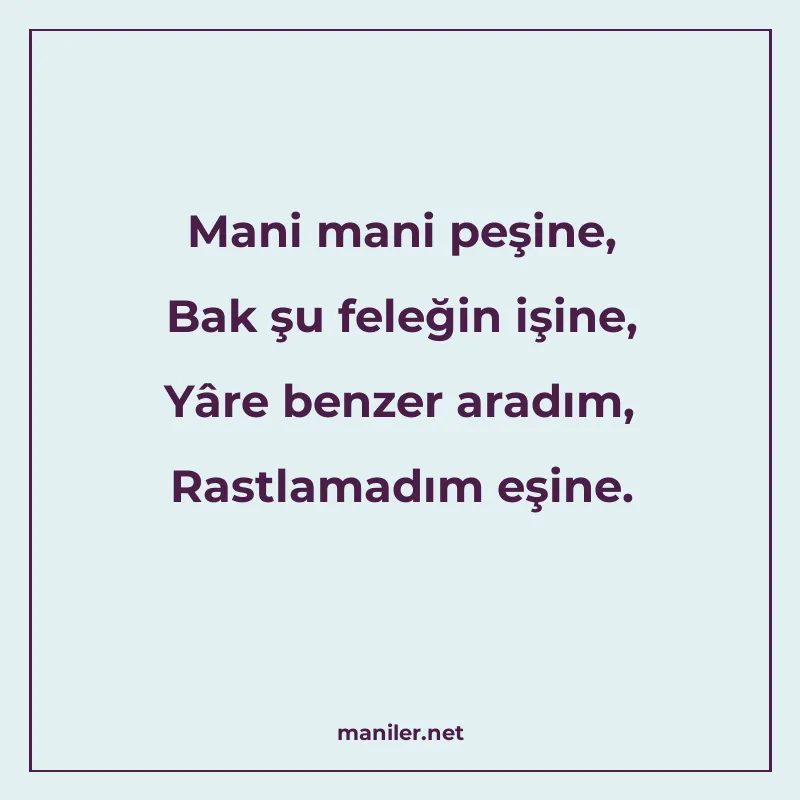 Mani mani peşine, Bak şu feleğin işine, Yâre benzer aradım manisi görseli