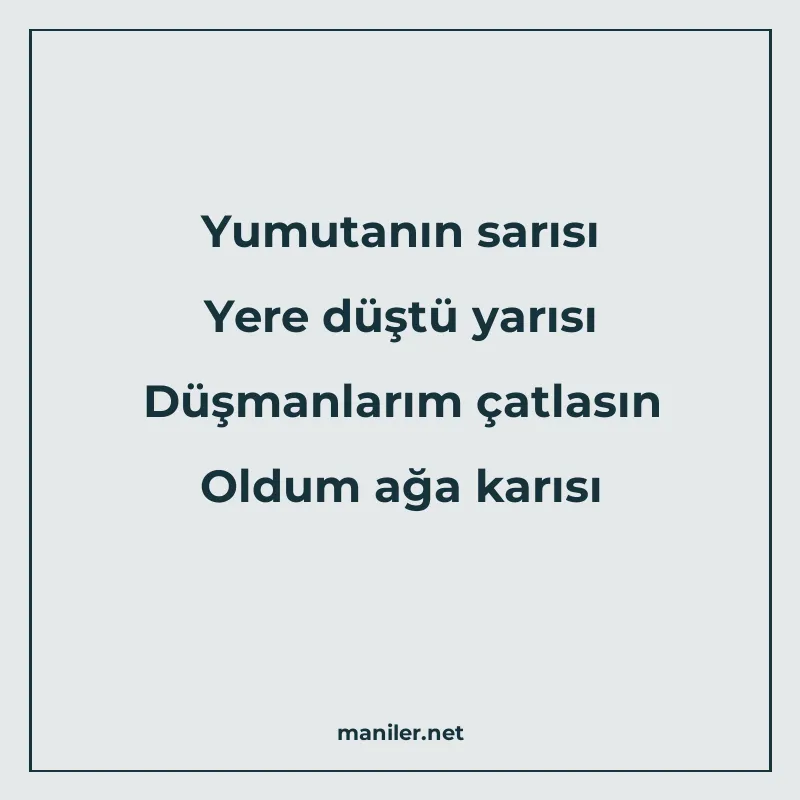 Yumutanın sarısı Yere düştü yarısı Düşmanlarım çatlasın Oldu