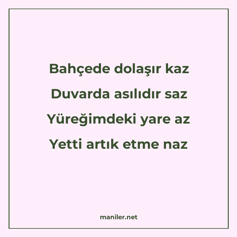 Bahçede dolaşır kaz Duvarda asılıdır saz Yüreğimdeki yare az manisi görseli