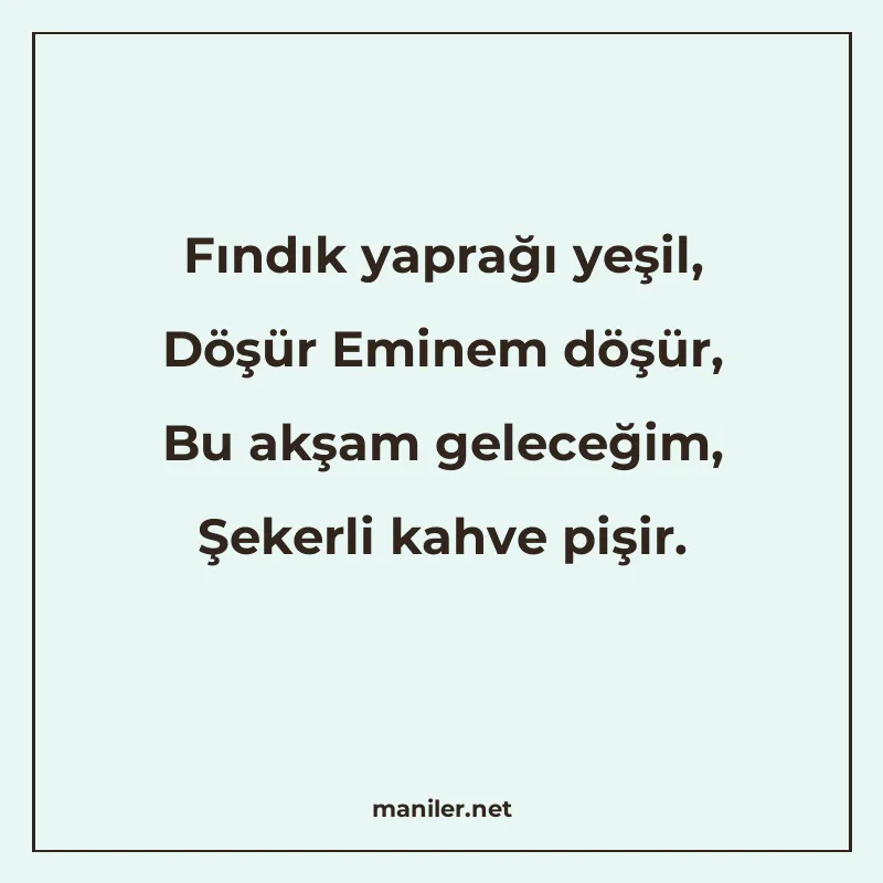 Fındık yaprağı yeşil, Döşür Eminem döşür, Bu akşam geleceğim manisi görseli