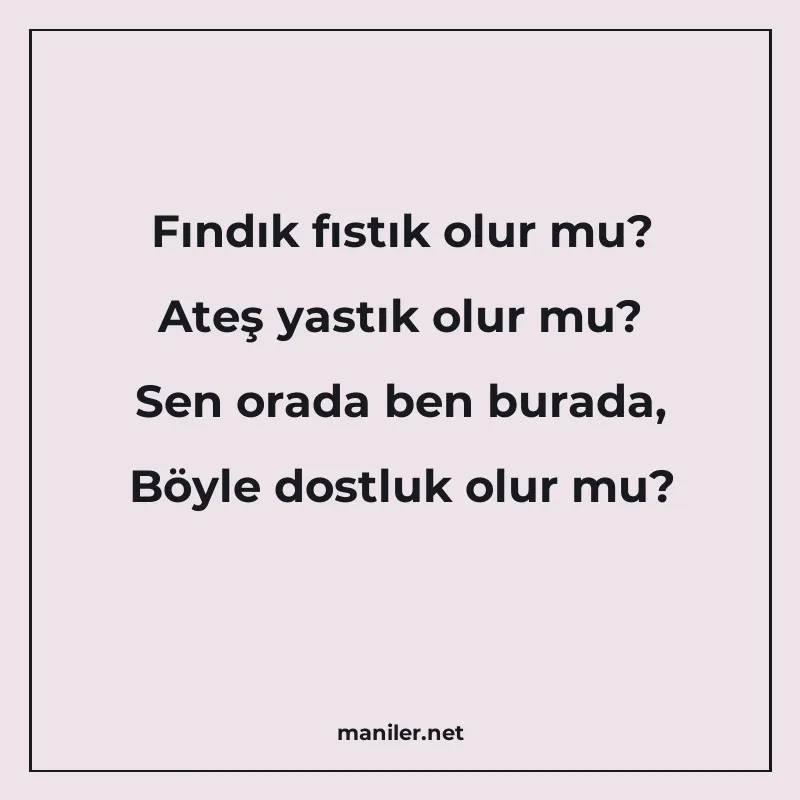 Fındık fıstık olur mu? Ateş yastık olur mu? Sen orada ben bu manisi görseli