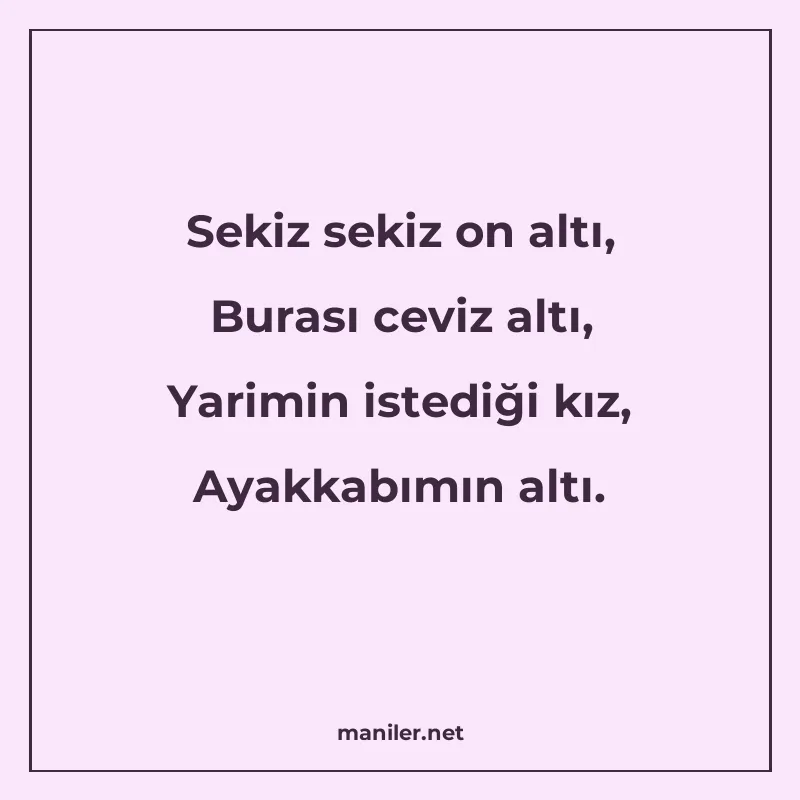 Sekiz sekiz on altı, Burası ceviz altı, Yarimin istediği kız manisi görseli