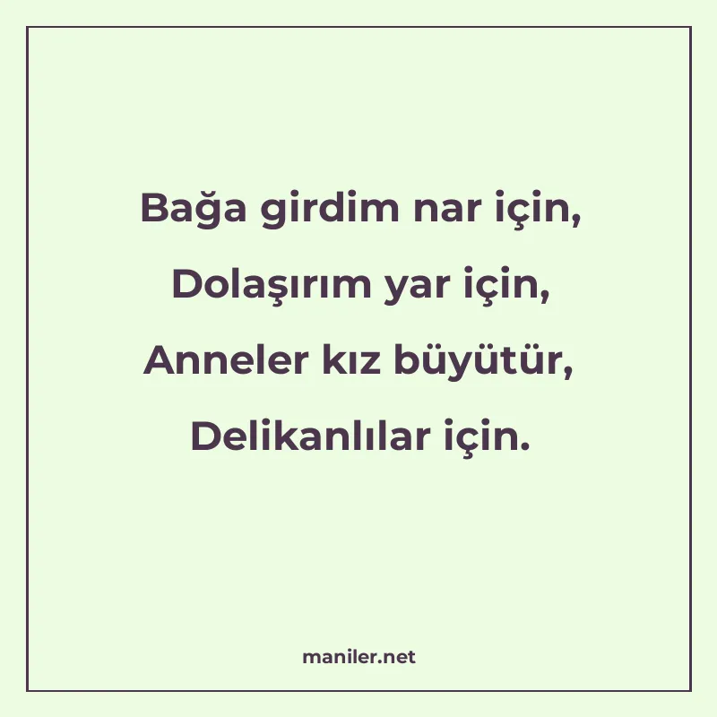 Bağa girdim nar için, Dolaşırım yar için, Anneler kız büyütü