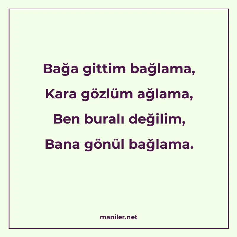 Bağa gittim bağlama, Kara gözlüm ağlama, Ben buralı değilim