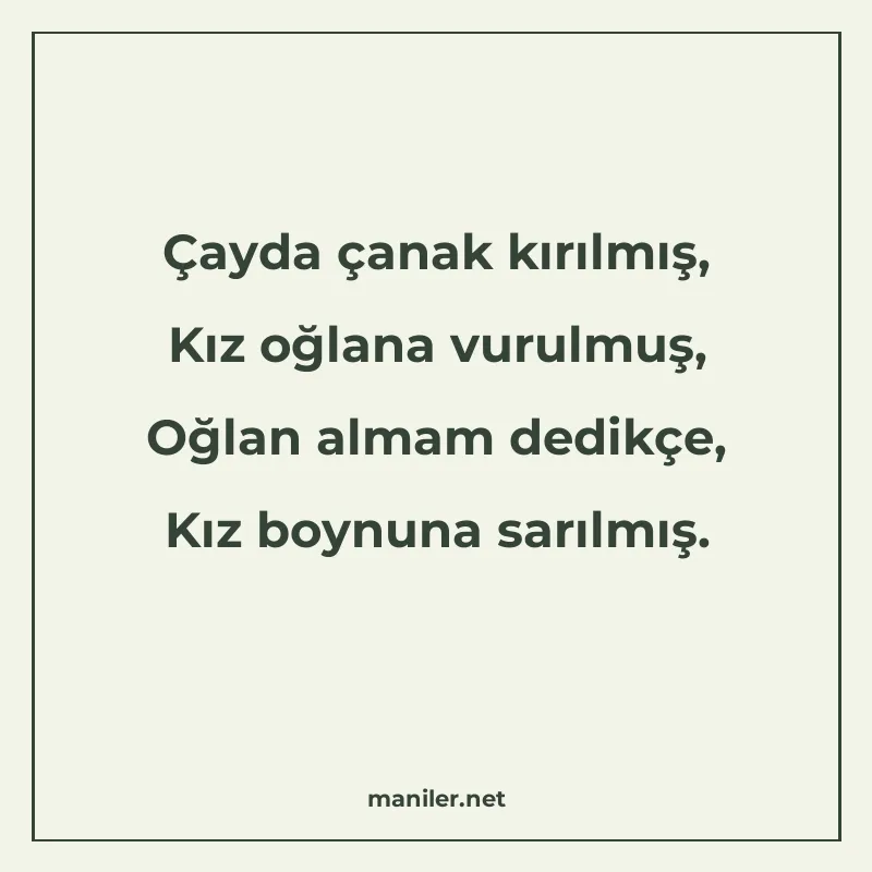 Çayda çanak kırılmış, Kız oğlana vurulmuş, Oğlan almam dedik manisi görseli