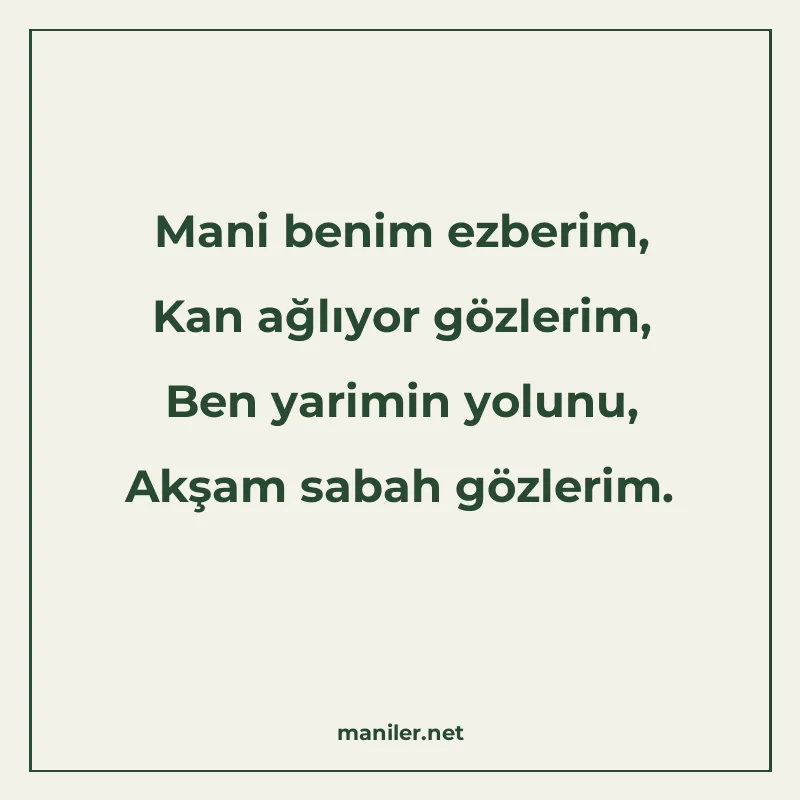 Mani benim ezberim, Kan ağlıyor gözlerim, Ben yarimin yolunu manisi görseli