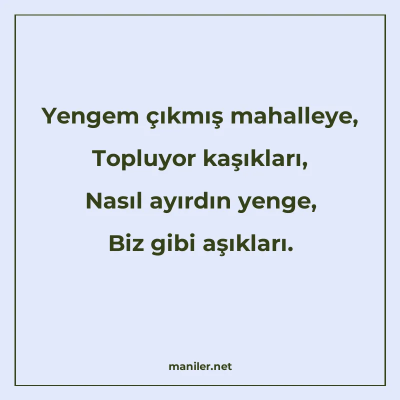 Yengem çıkmış mahalleye, Topluyor kaşıkları, Nasıl ayırdın y manisi görseli