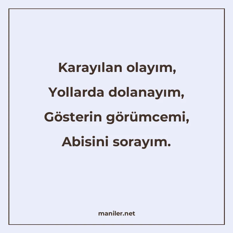 Karayılan olayım, Yollarda dolanayım, Gösterin görümcemi, Ab manisi görseli