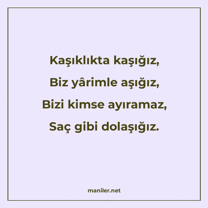 Kaşıklıkta kaşığız, Biz yârimle aşığız, Bizi kimse ayıramaz manisi görseli