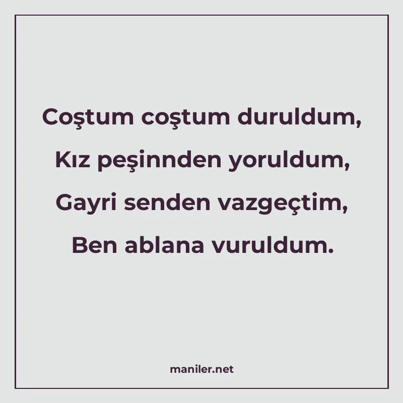 Coştum coştum duruldum, Kız peşinnden yoruldum, Gayri senden manisi görseli