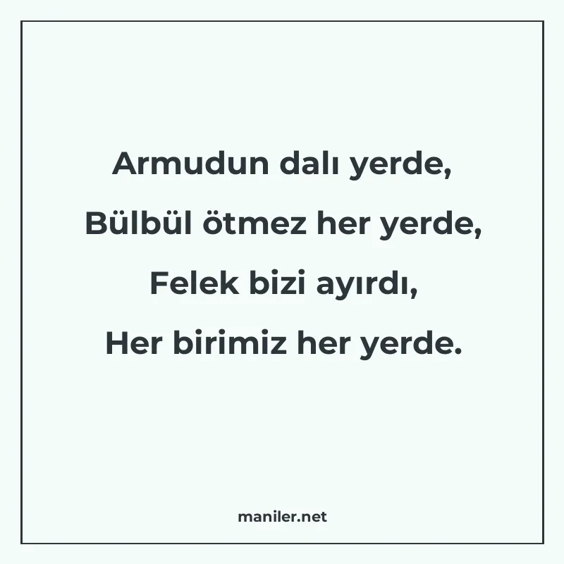 Armudun dalı yerde, Bülbül ötmez her yerde, Felek bizi ayırd manisi görseli
