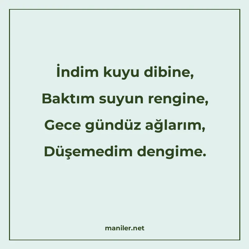 İndim kuyu dibine, Baktım suyun rengine, Gece gündüz ağlarım manisi görseli