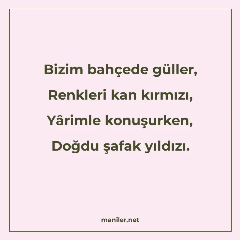 Bizim bahçede güller, Renkleri kan kırmızı, Yârimle konuşurk manisi görseli