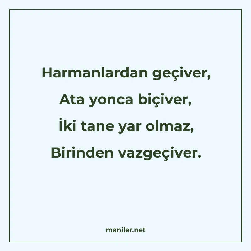 Harmanlardan geçiver, Ata yonca biçiver, İki tane yar olmaz manisi görseli