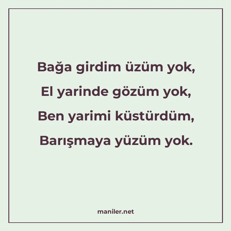 Bağa girdim üzüm yok, El yarinde gözüm yok, Ben yarimi küstü manisi görseli