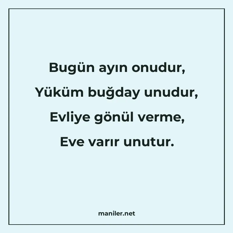 Bugün ayın onudur, Yüküm buğday unudur, Evliye gönül verme manisi görseli